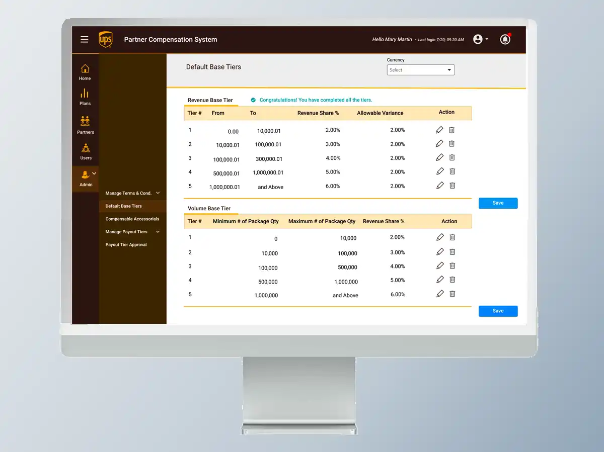 Rewards tier table — pro-rated cash-back display